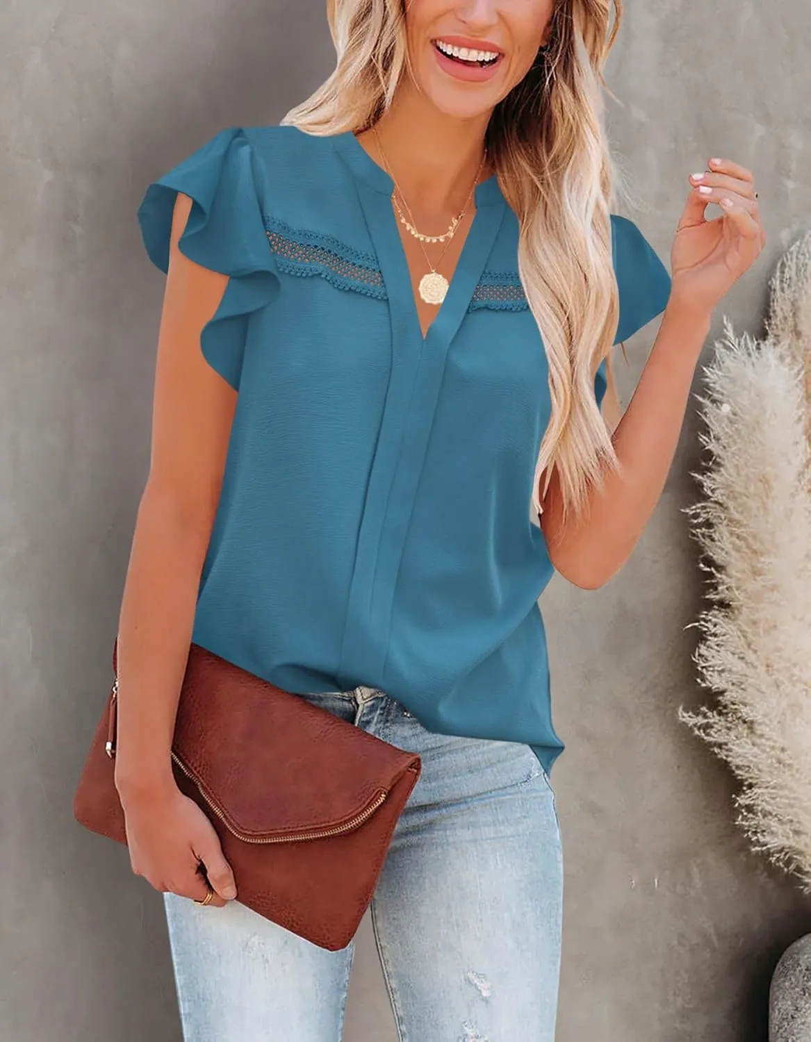 Aifer Womens Summer Blouses Dressy Casual V Neck Lace Crochet Flutter Short Sleeve Work Shirts Trendy Tops 2025
