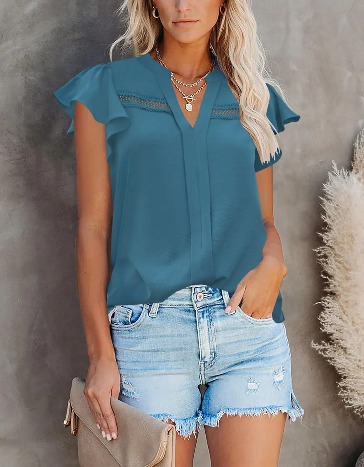 Aifer Womens Summer Blouses Dressy Casual V Neck Lace Crochet Flutter Short Sleeve Work Shirts Trendy Tops 2025