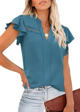 Aifer Womens Summer Blouses Dressy Casual V Neck Lace Crochet Flutter Short Sleeve Work Shirts Trendy Tops 2025
