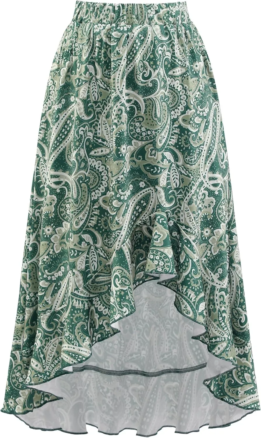 Aupuls Summer High Low Boho Skirts for Women Floral Beach Vacation Midi Skirt Casual