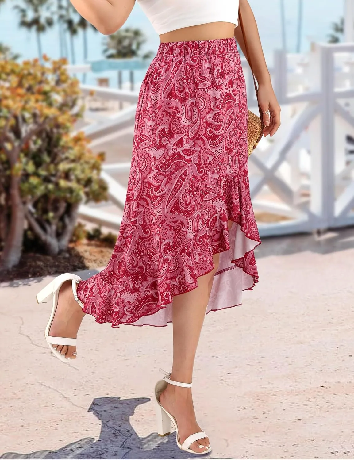 Aupuls Summer High Low Boho Skirts for Women Floral Beach Vacation Midi Skirt Casual
