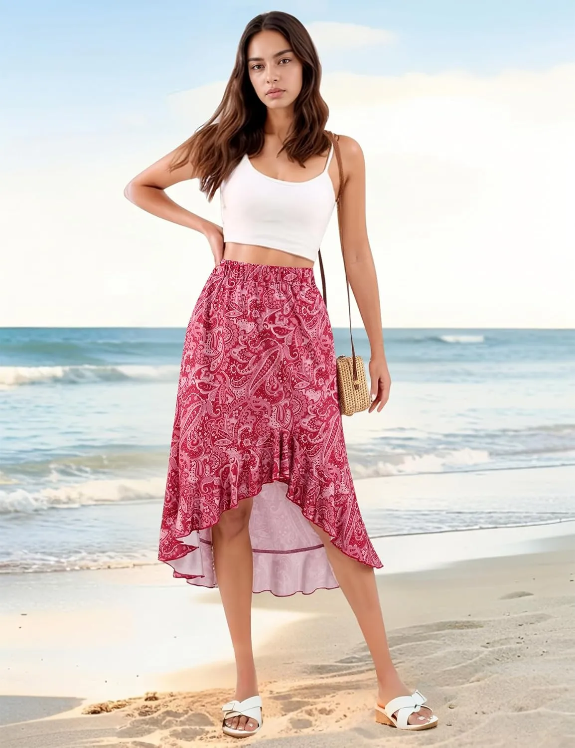 Aupuls Summer High Low Boho Skirts for Women Floral Beach Vacation Midi Skirt Casual