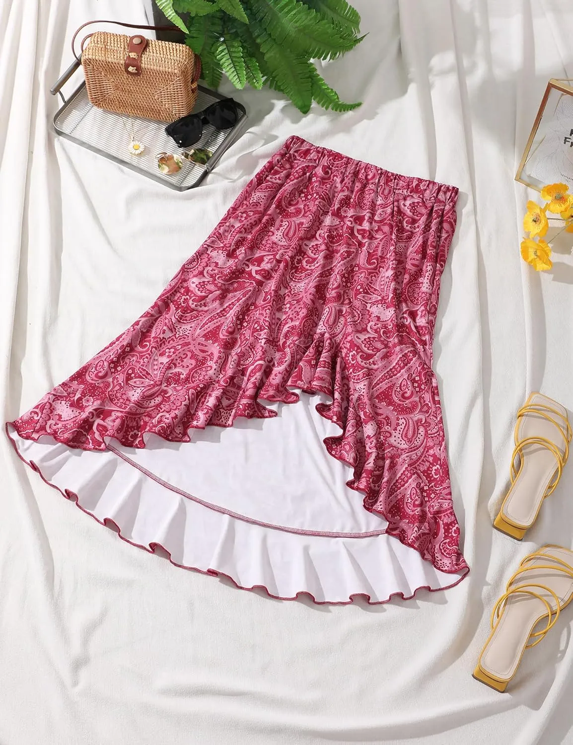 Aupuls Summer High Low Boho Skirts for Women Floral Beach Vacation Midi Skirt Casual