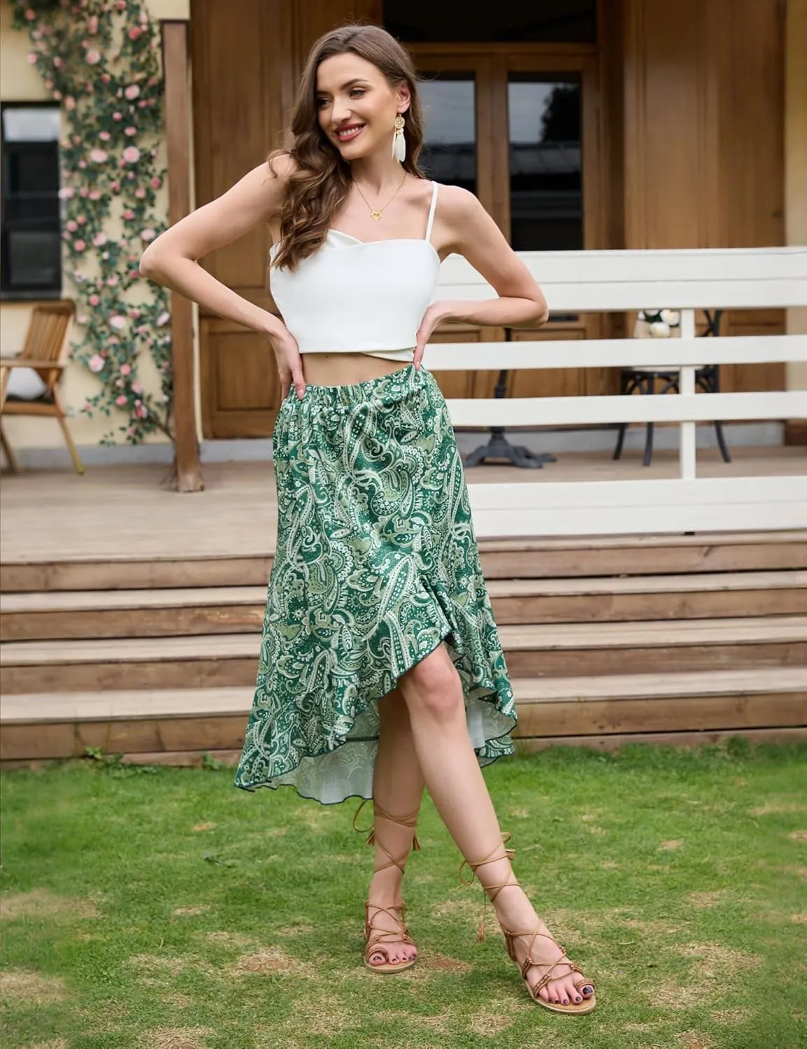 Aupuls Summer High Low Boho Skirts for Women Floral Beach Vacation Midi Skirt Casual