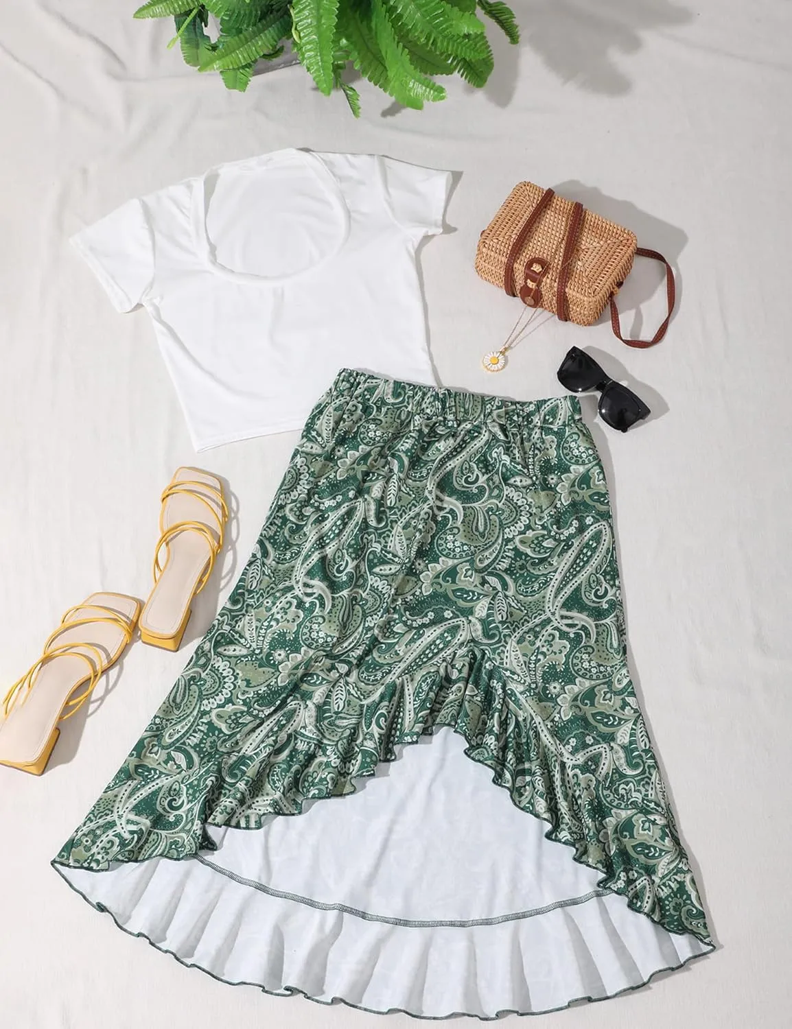 Aupuls Summer High Low Boho Skirts for Women Floral Beach Vacation Midi Skirt Casual