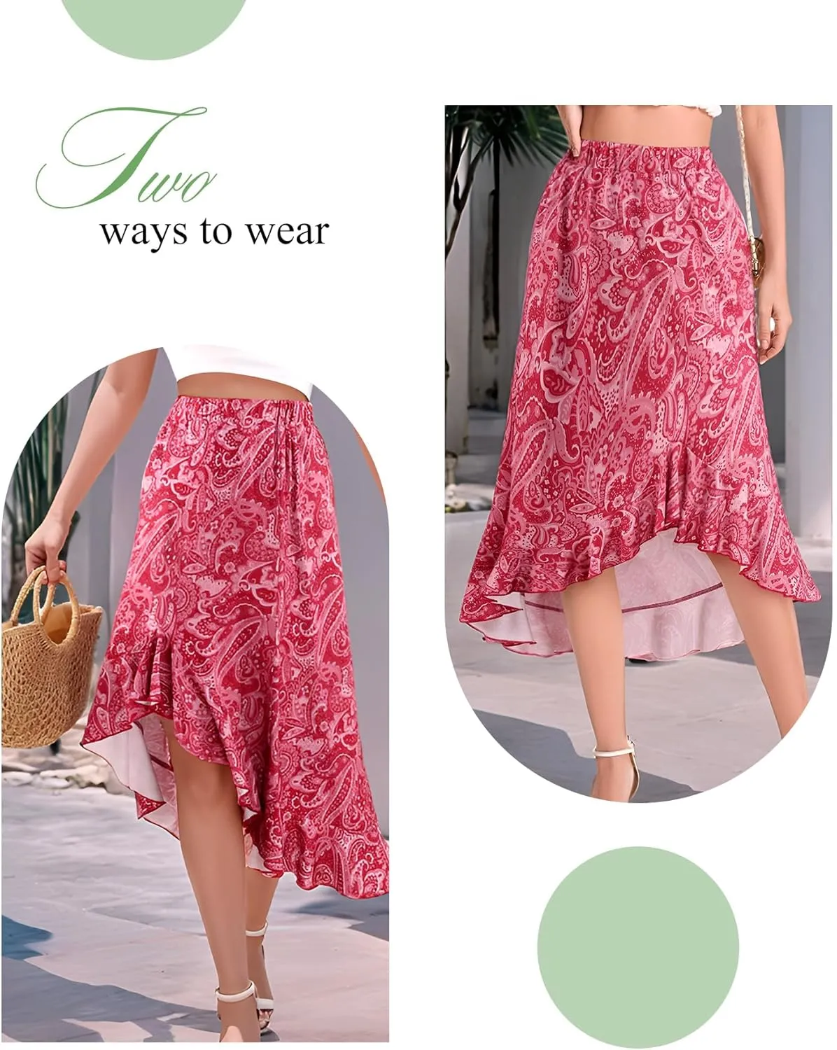 Aupuls Summer High Low Boho Skirts for Women Floral Beach Vacation Midi Skirt Casual
