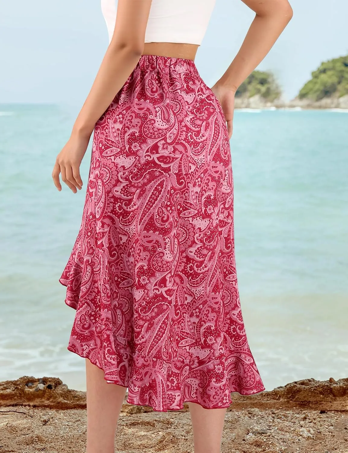 Aupuls Summer High Low Boho Skirts for Women Floral Beach Vacation Midi Skirt Casual