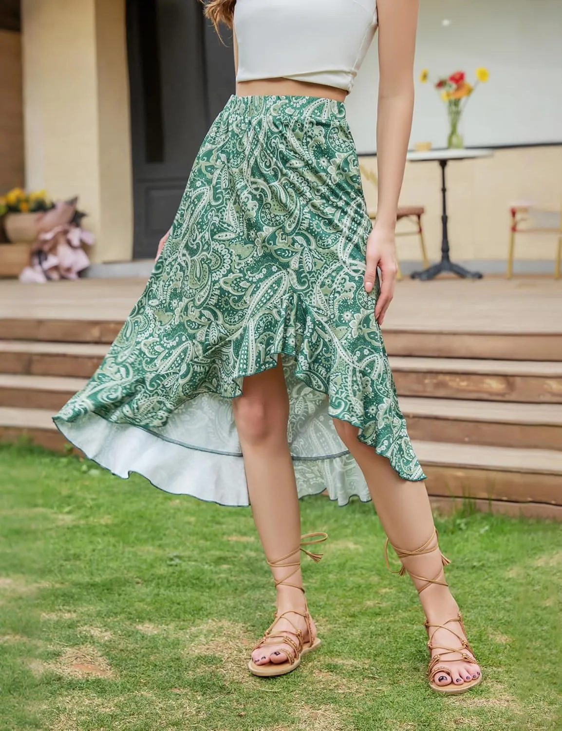 Aupuls Summer High Low Boho Skirts for Women Floral Beach Vacation Midi Skirt Casual