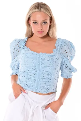 AZUCAR LADIES SOLID EYELET PUFFY SLEEVES BLOUSE - IN (2) COLORS - LCB1714