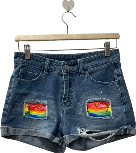 Blue Rainbow Heart Denim Shorts UK 4