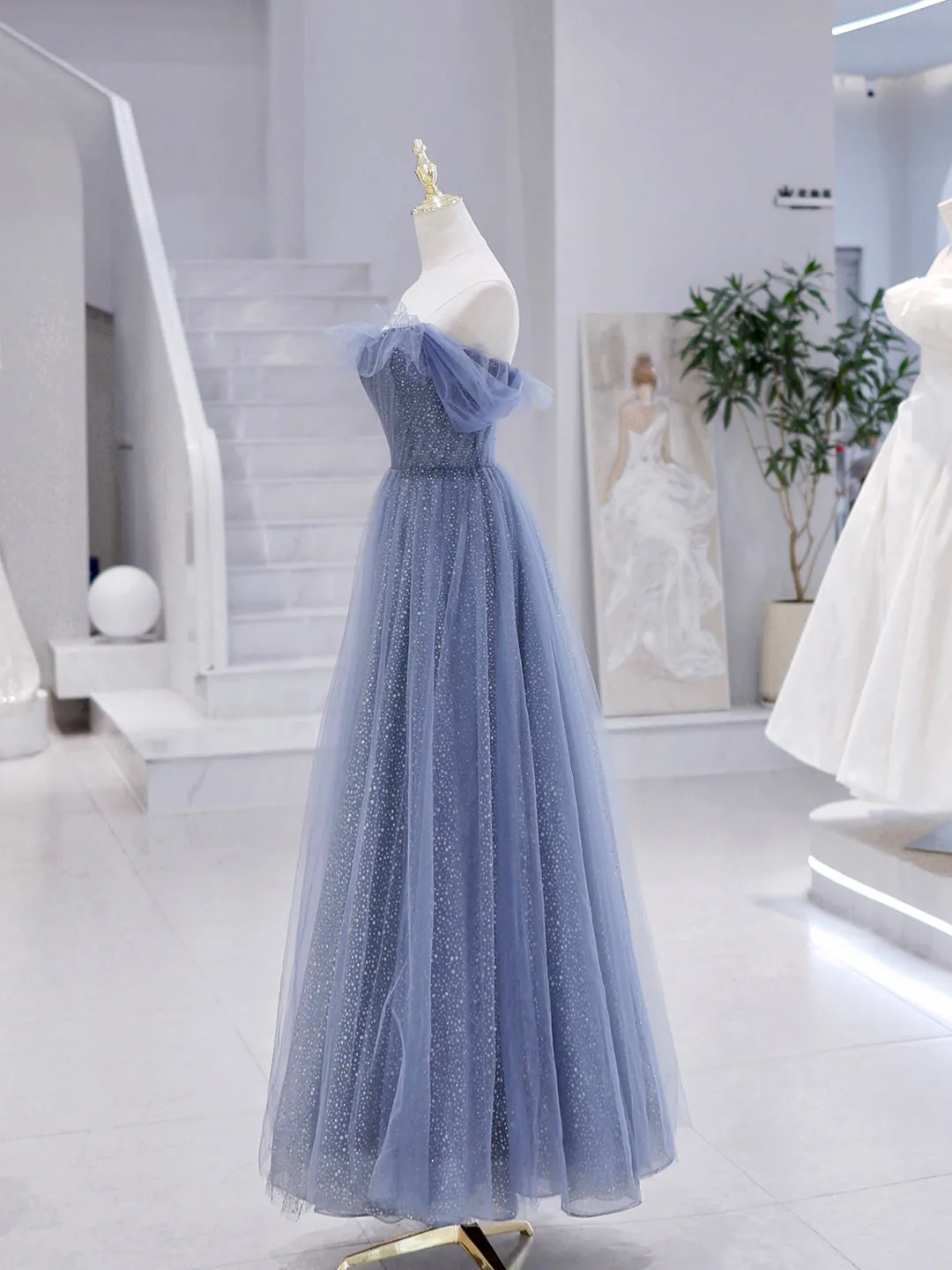 Blue Strapless Tulle Long Prom Dress Blue A-Line Evening Dress