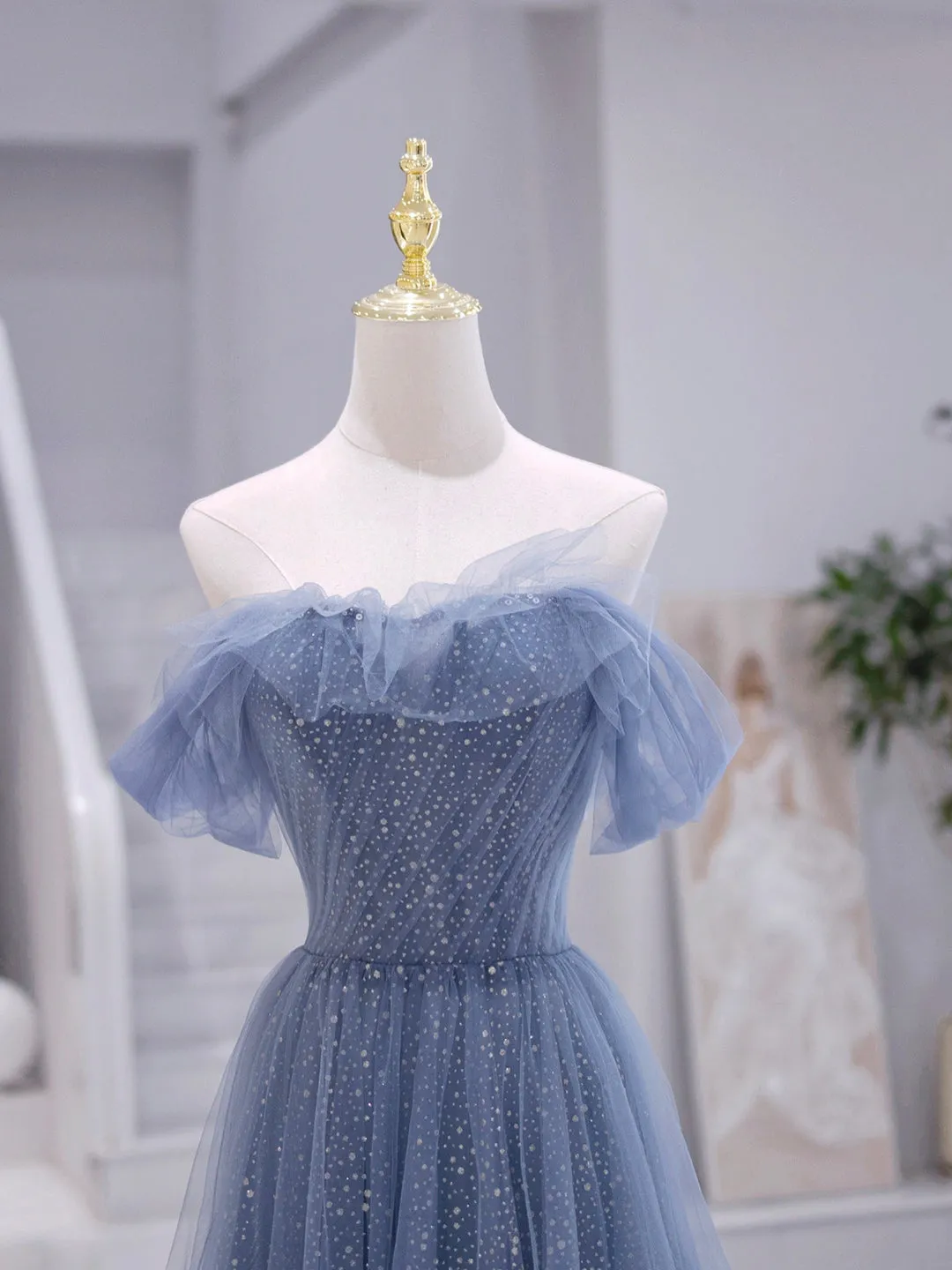 Blue Strapless Tulle Long Prom Dress Blue A-Line Evening Dress