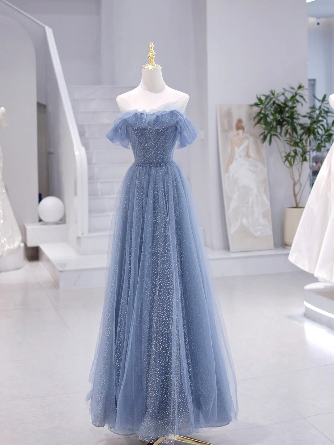 Blue Strapless Tulle Long Prom Dress Blue A-Line Evening Dress