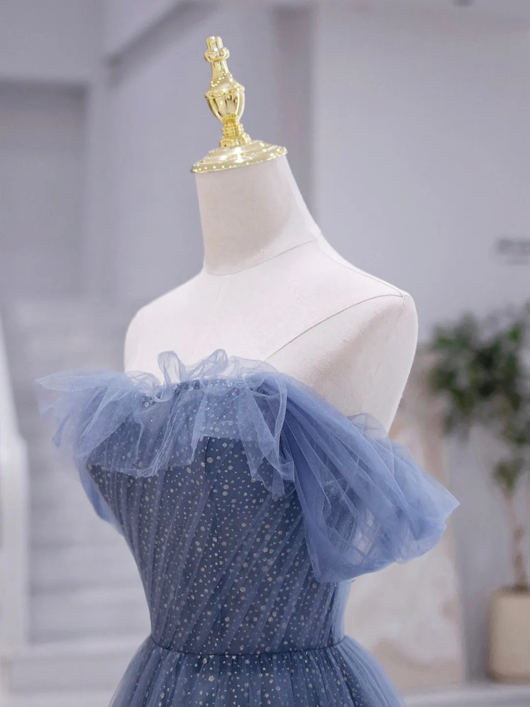 Blue Strapless Tulle Long Prom Dress Blue A-Line Evening Dress