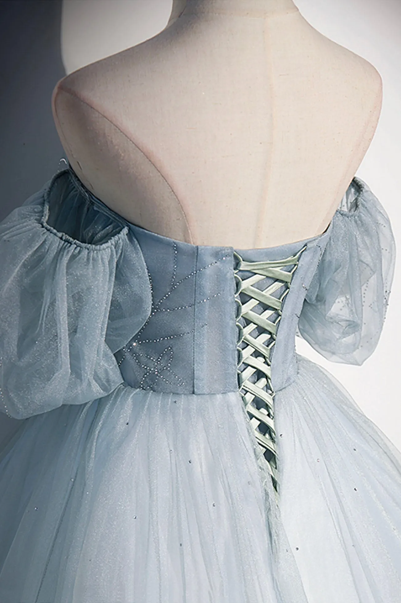 Blue Tulle Long A-Line Prom Dress Blue Off the Shoulder Evening Dress