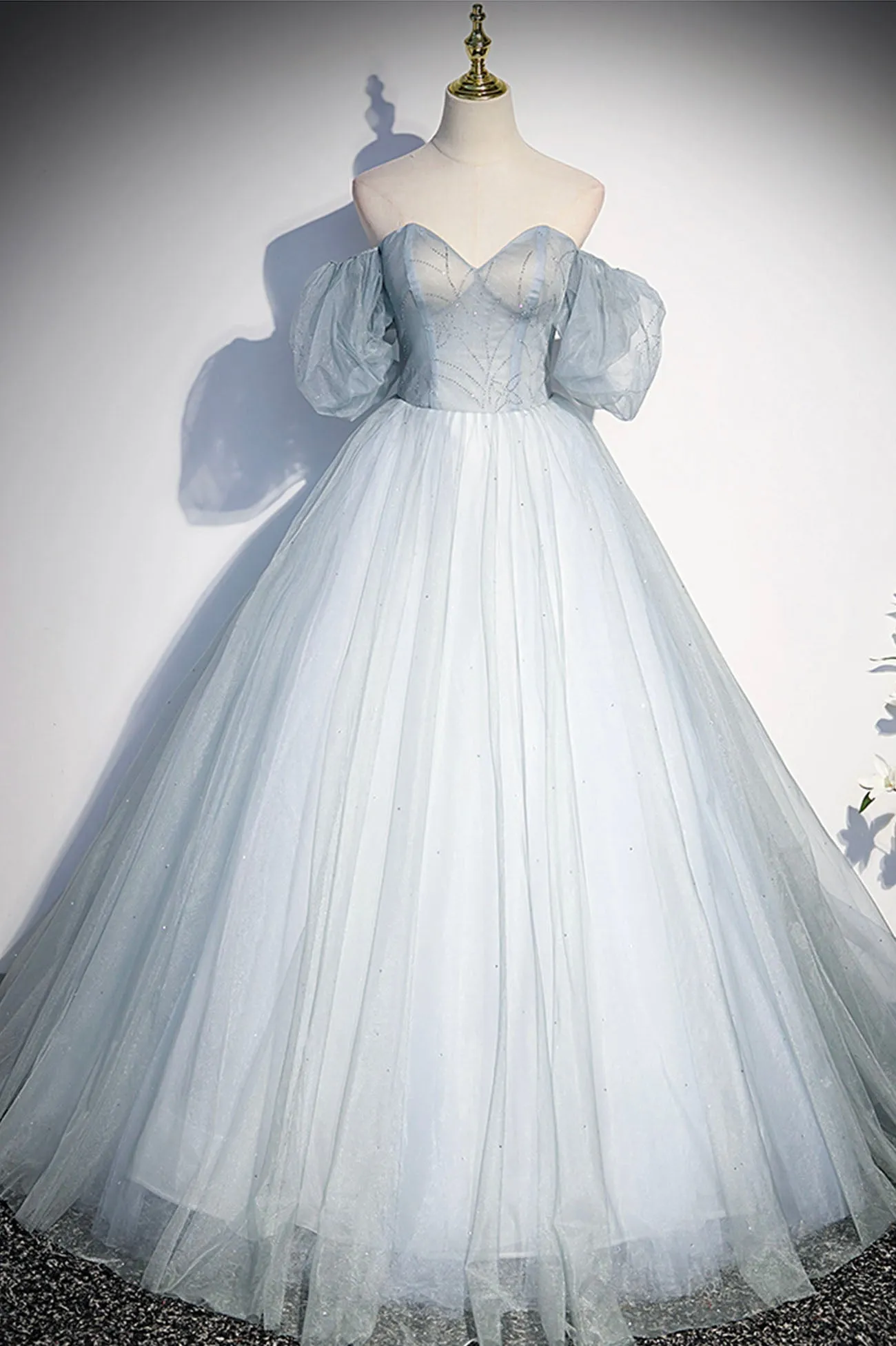 Blue Tulle Long A-Line Prom Dress Blue Off the Shoulder Evening Dress