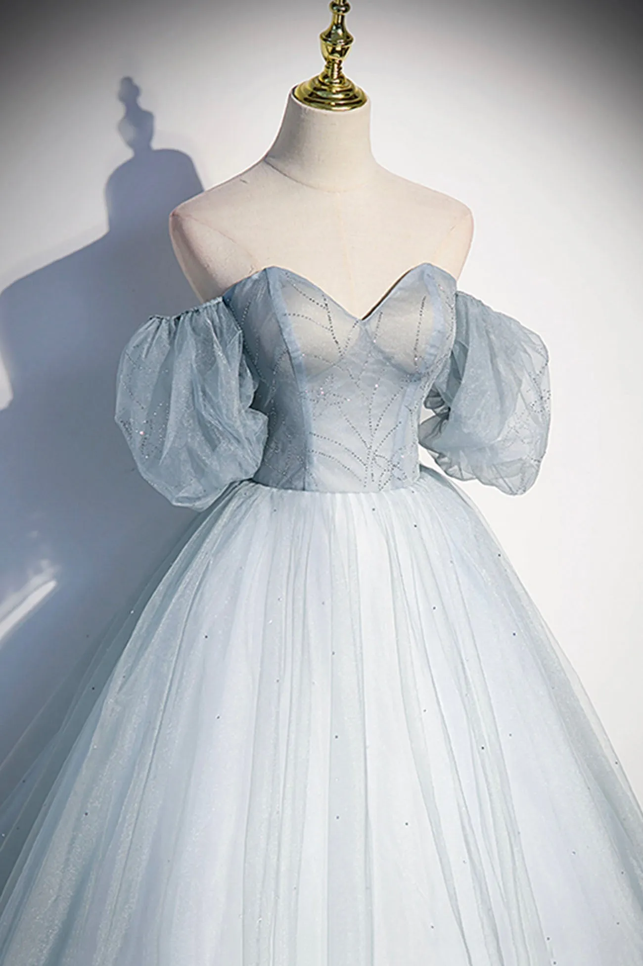 Blue Tulle Long A-Line Prom Dress Blue Off the Shoulder Evening Dress