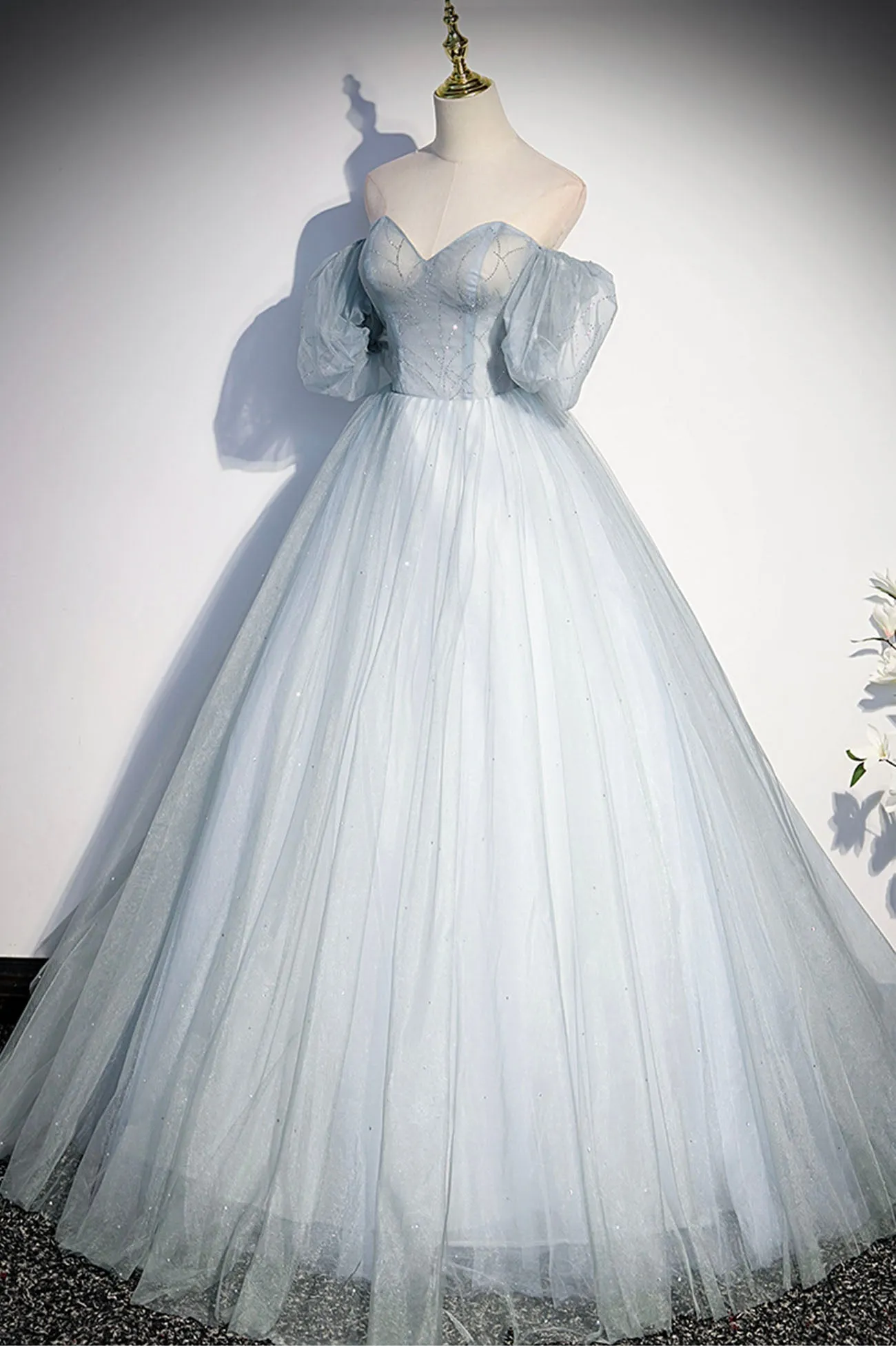 Blue Tulle Long A-Line Prom Dress Blue Off the Shoulder Evening Dress