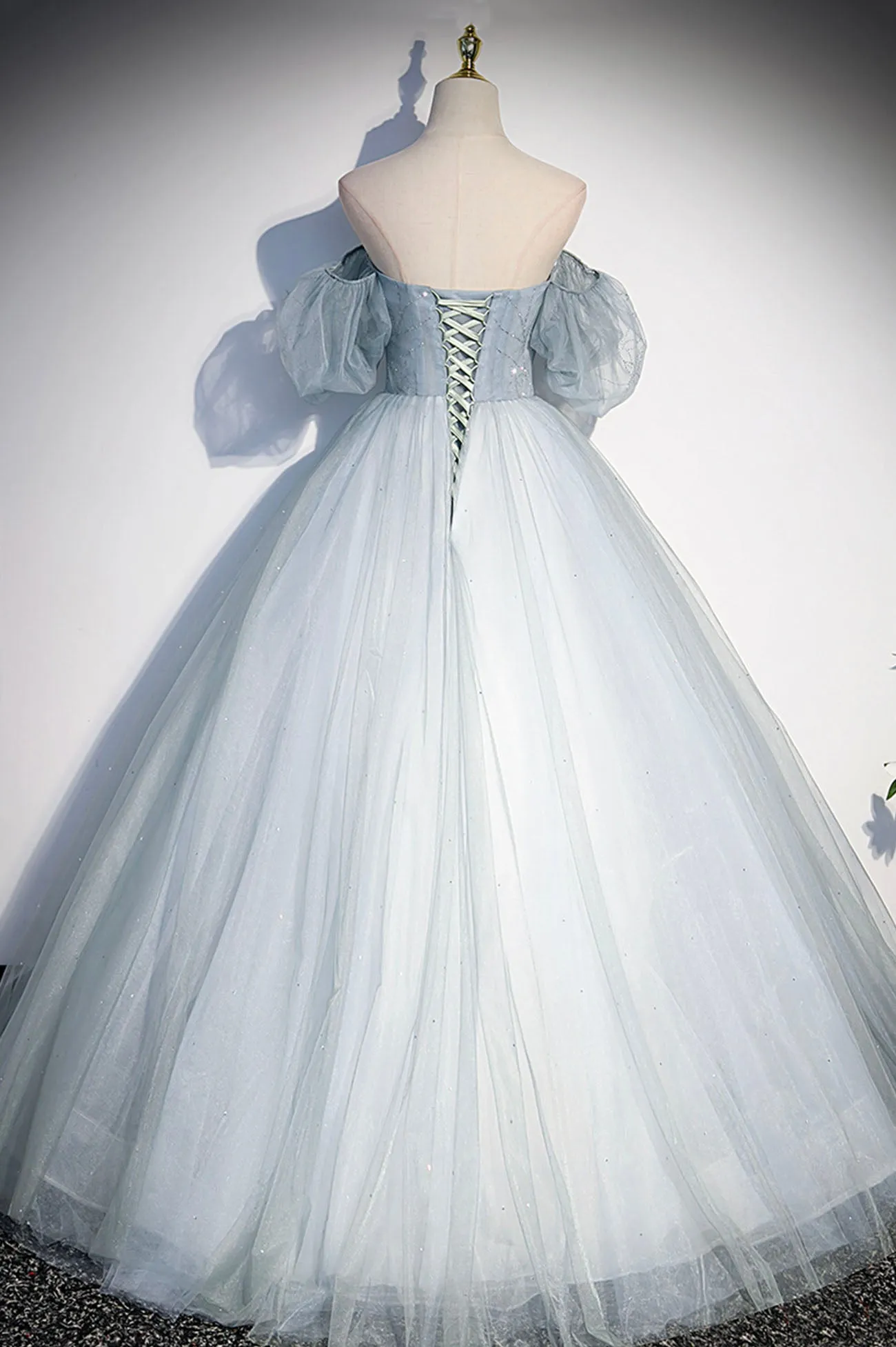 Blue Tulle Long A-Line Prom Dress Blue Off the Shoulder Evening Dress