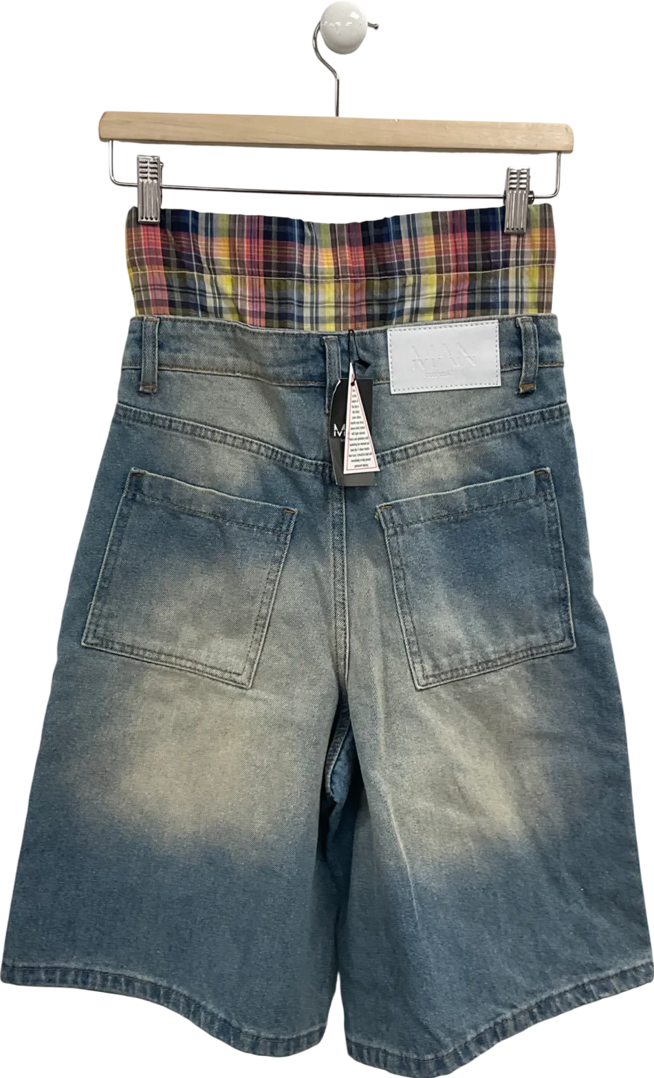 boohooMan Badge Detail Boxer Waistband Antique Blue Denim Jorts W26