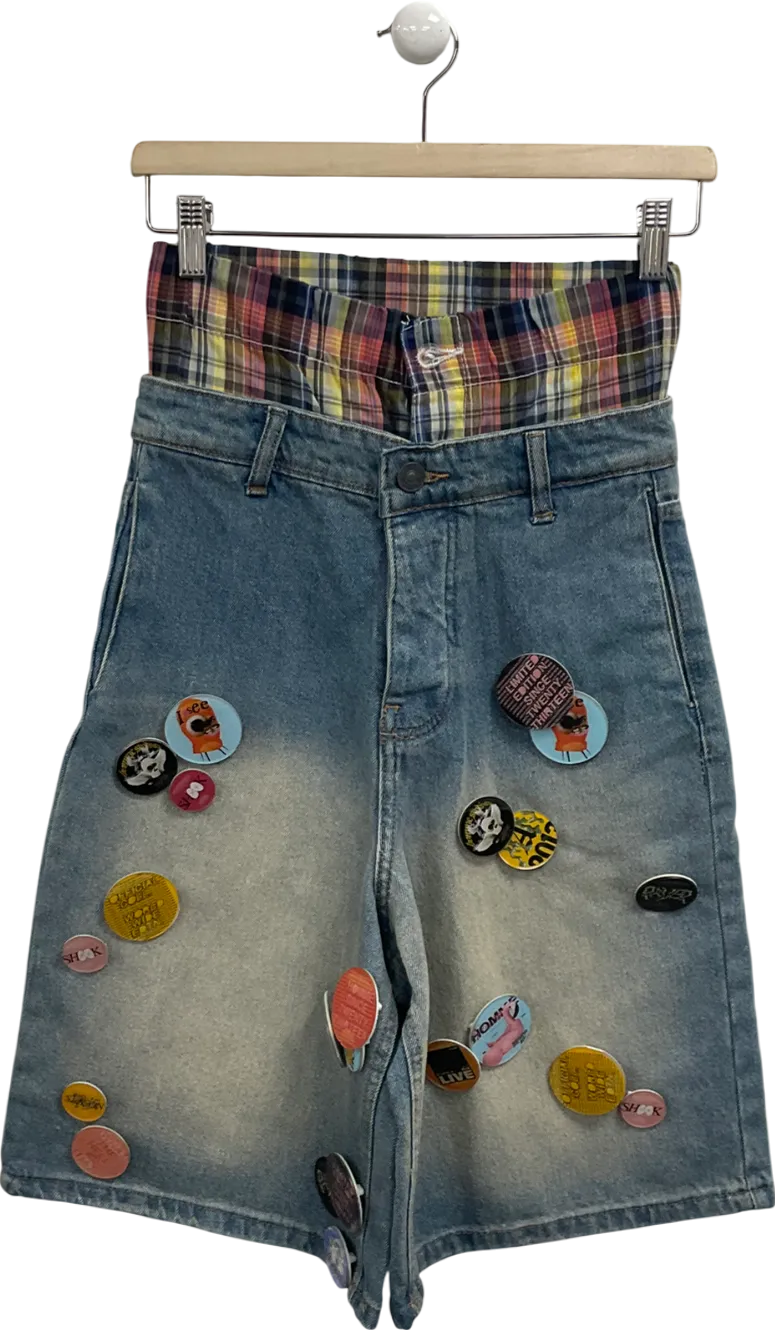 boohooMan Badge Detail Boxer Waistband Antique Blue Denim Jorts W26