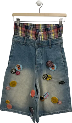 boohooMan Badge Detail Boxer Waistband Antique Blue Denim Jorts W26