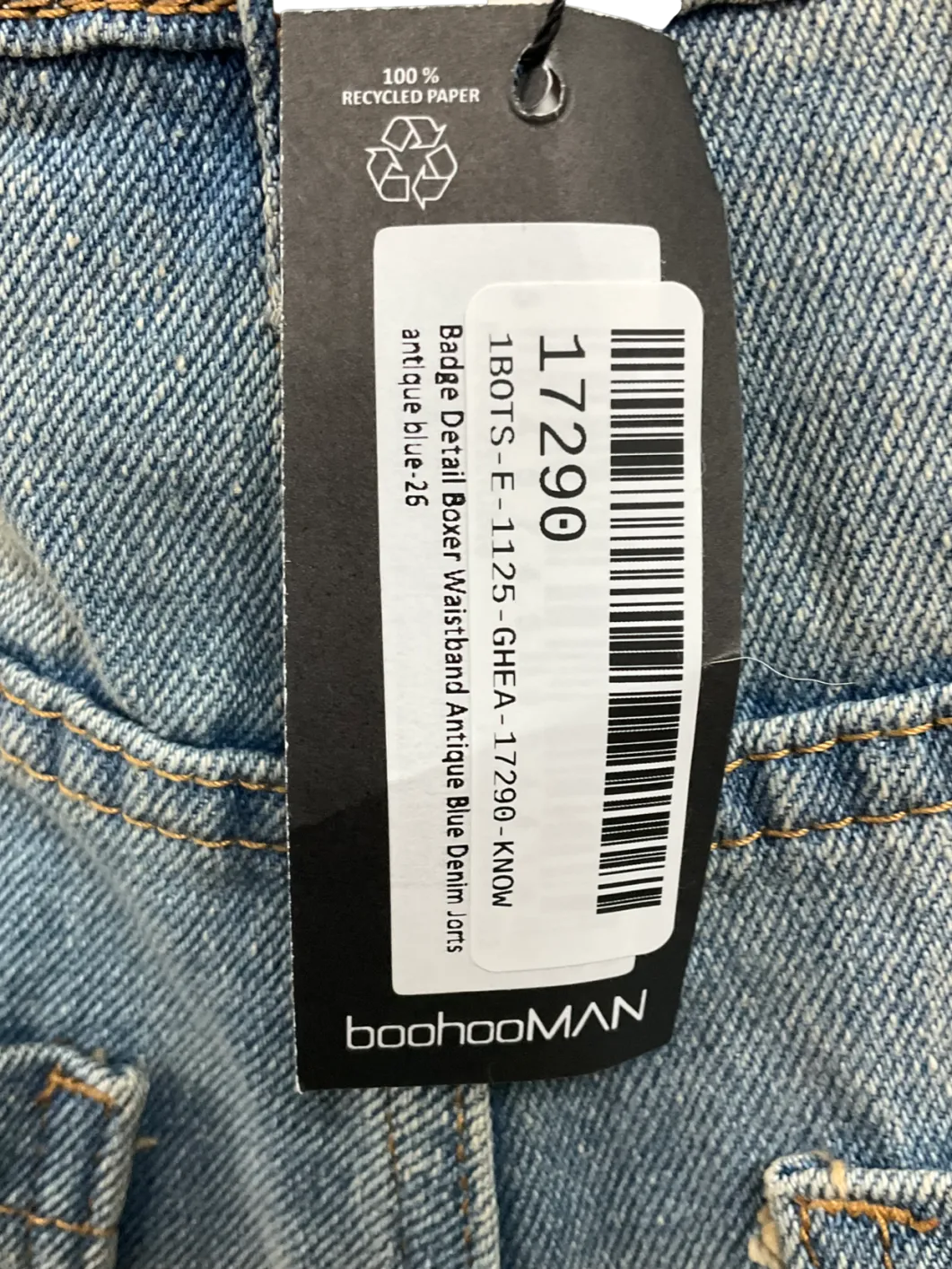 boohooMan Badge Detail Boxer Waistband Antique Blue Denim Jorts W26