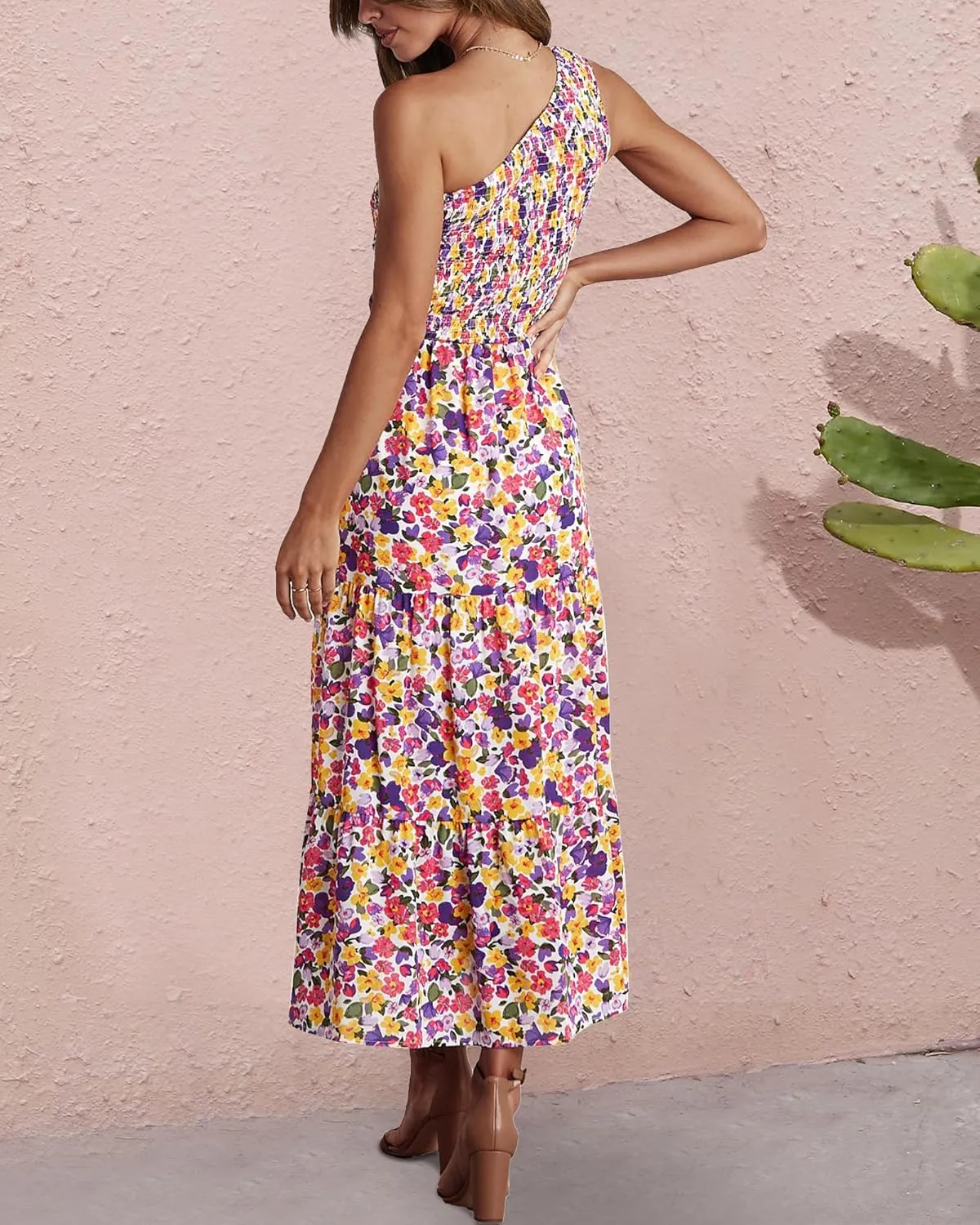 BTFBM 2025 Summer One Shoulder Dresses for Women Casual Sleeveless High Waist Floral Flowy Smocked Boho Beach Maxi Dress