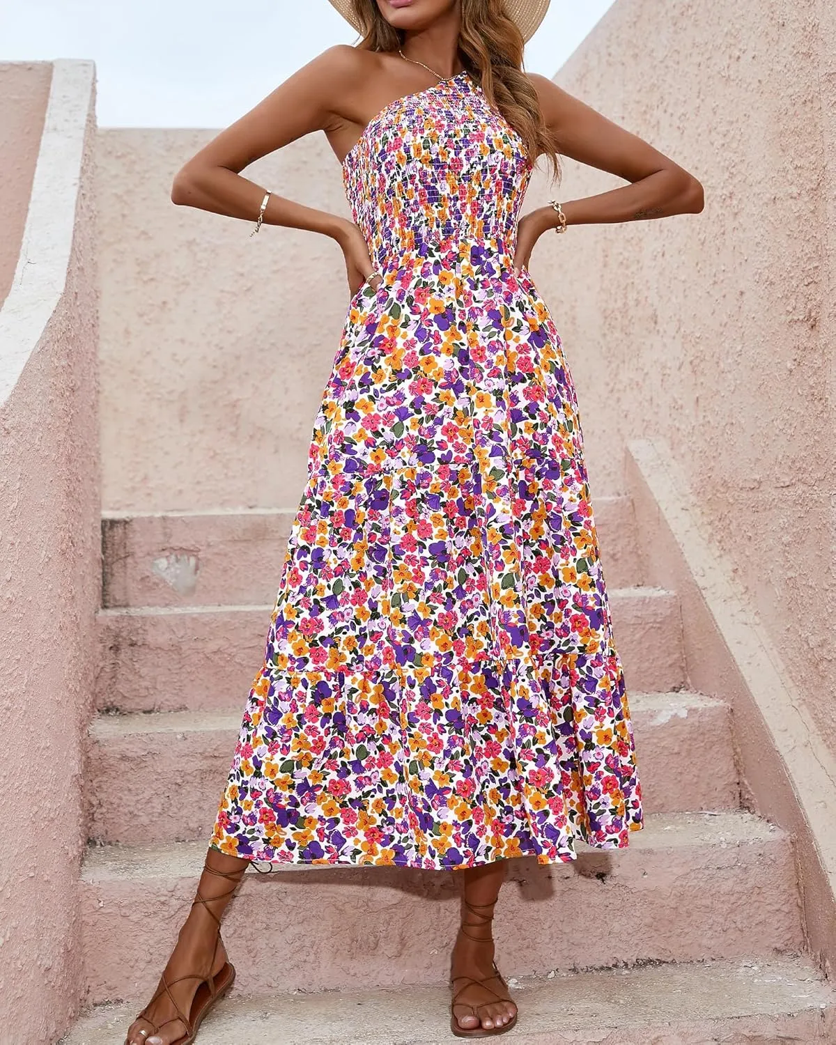 BTFBM 2025 Summer One Shoulder Dresses for Women Casual Sleeveless High Waist Floral Flowy Smocked Boho Beach Maxi Dress