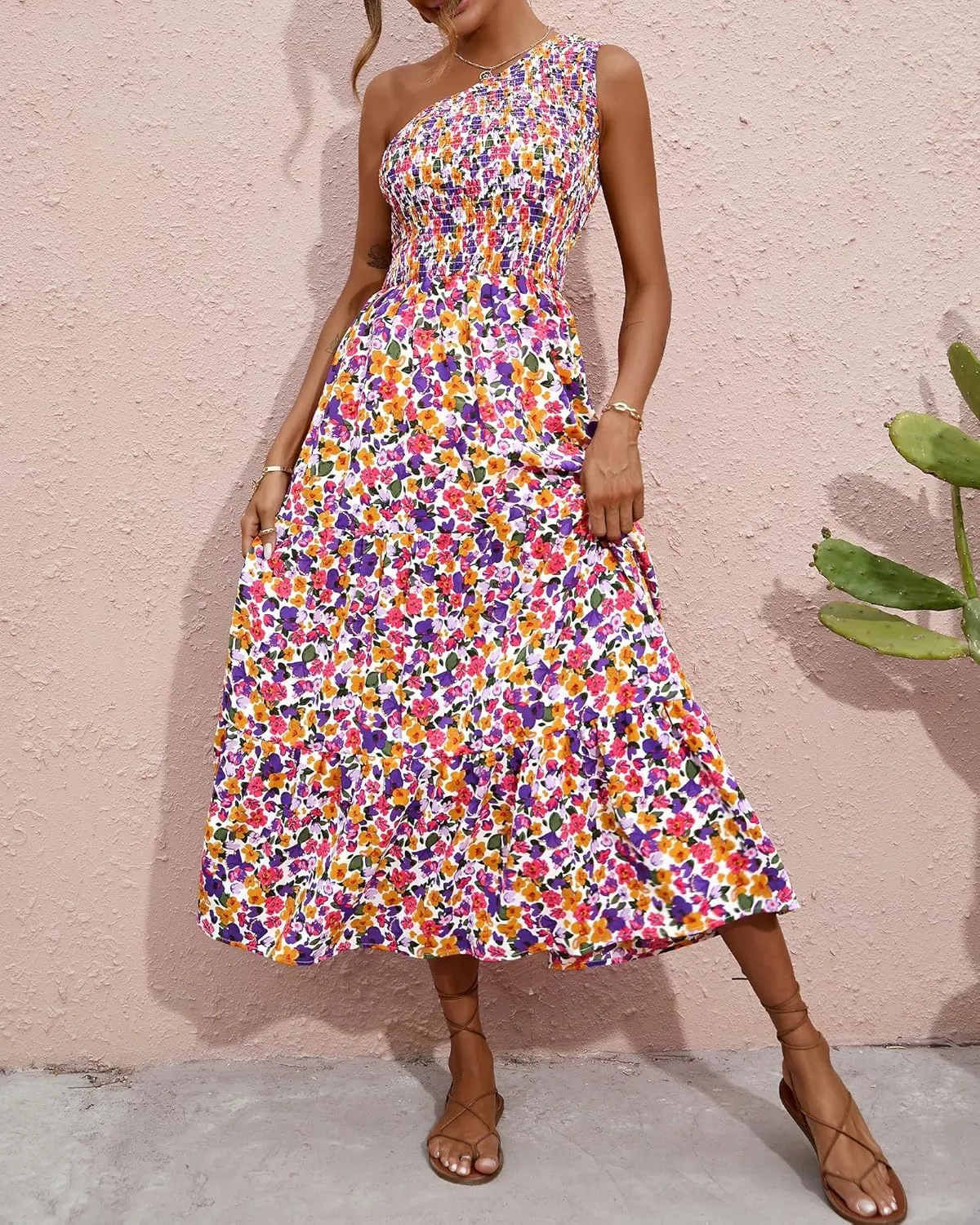 BTFBM 2025 Summer One Shoulder Dresses for Women Casual Sleeveless High Waist Floral Flowy Smocked Boho Beach Maxi Dress