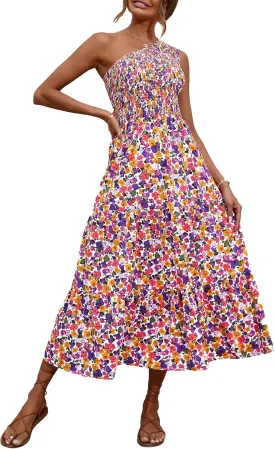 BTFBM 2025 Summer One Shoulder Dresses for Women Casual Sleeveless High Waist Floral Flowy Smocked Boho Beach Maxi Dress