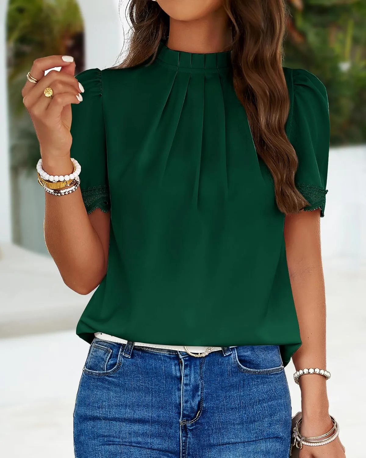 BTFBM Women's Dressy Casual Blouses Business Work Tops Lace Trim Short Sleeve Office Shirts 2025 Summer Spring Outfits