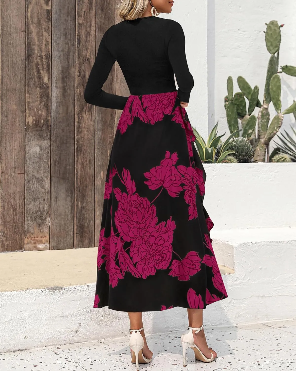 BTFBM Womens Floral Maxi Dress Spring Summer Casual Crewneck Long Sleeve Ruffle Flowy Cocktail Wedding Guest Dresses