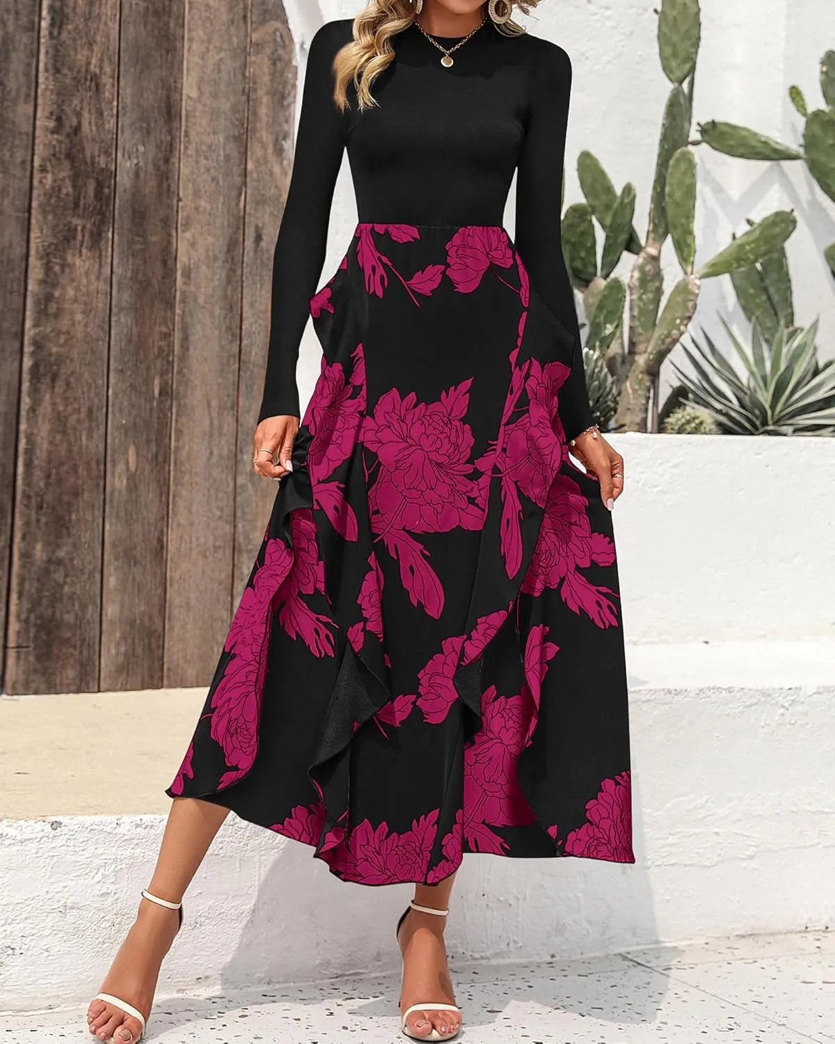 BTFBM Womens Floral Maxi Dress Spring Summer Casual Crewneck Long Sleeve Ruffle Flowy Cocktail Wedding Guest Dresses