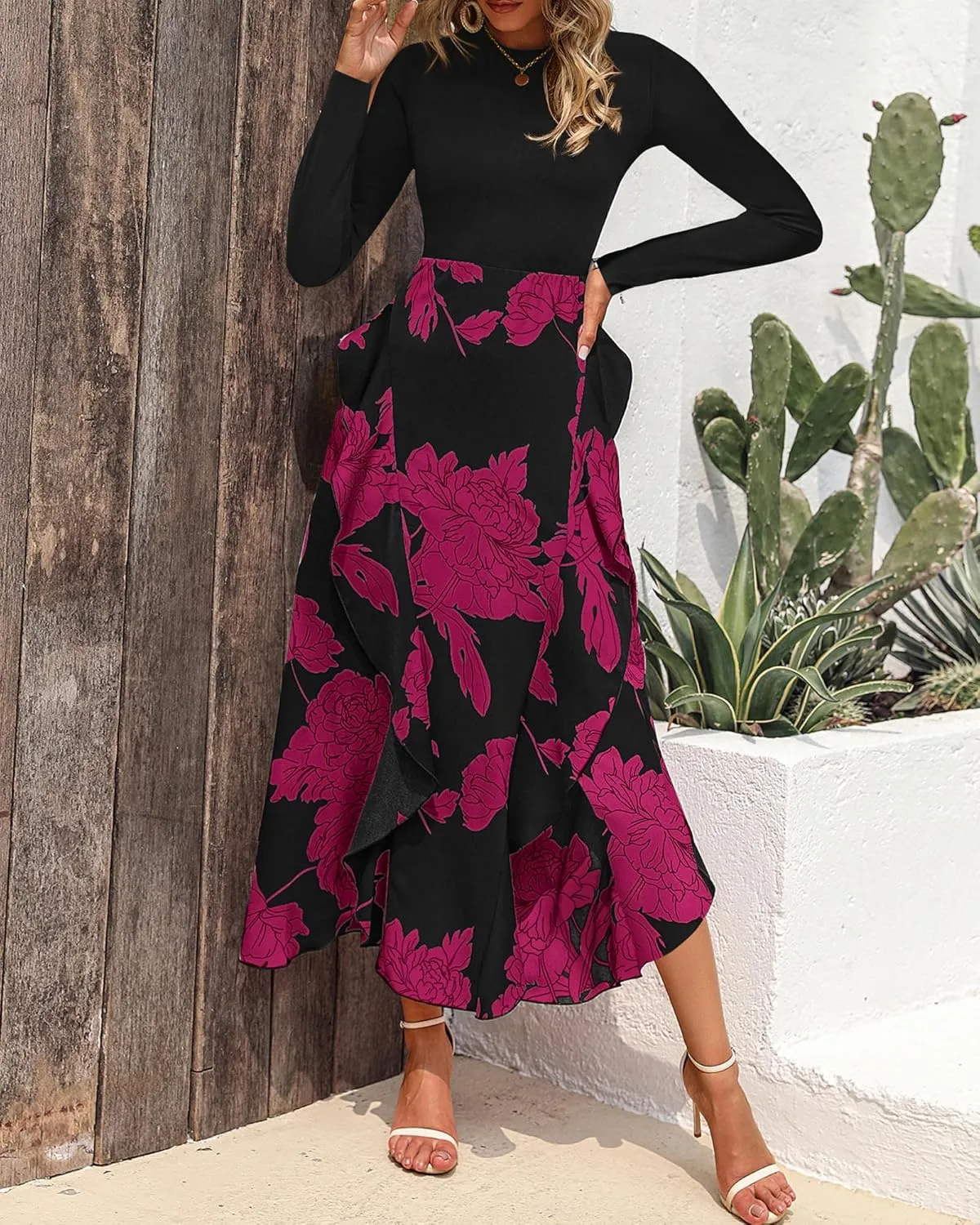 BTFBM Womens Floral Maxi Dress Spring Summer Casual Crewneck Long Sleeve Ruffle Flowy Cocktail Wedding Guest Dresses