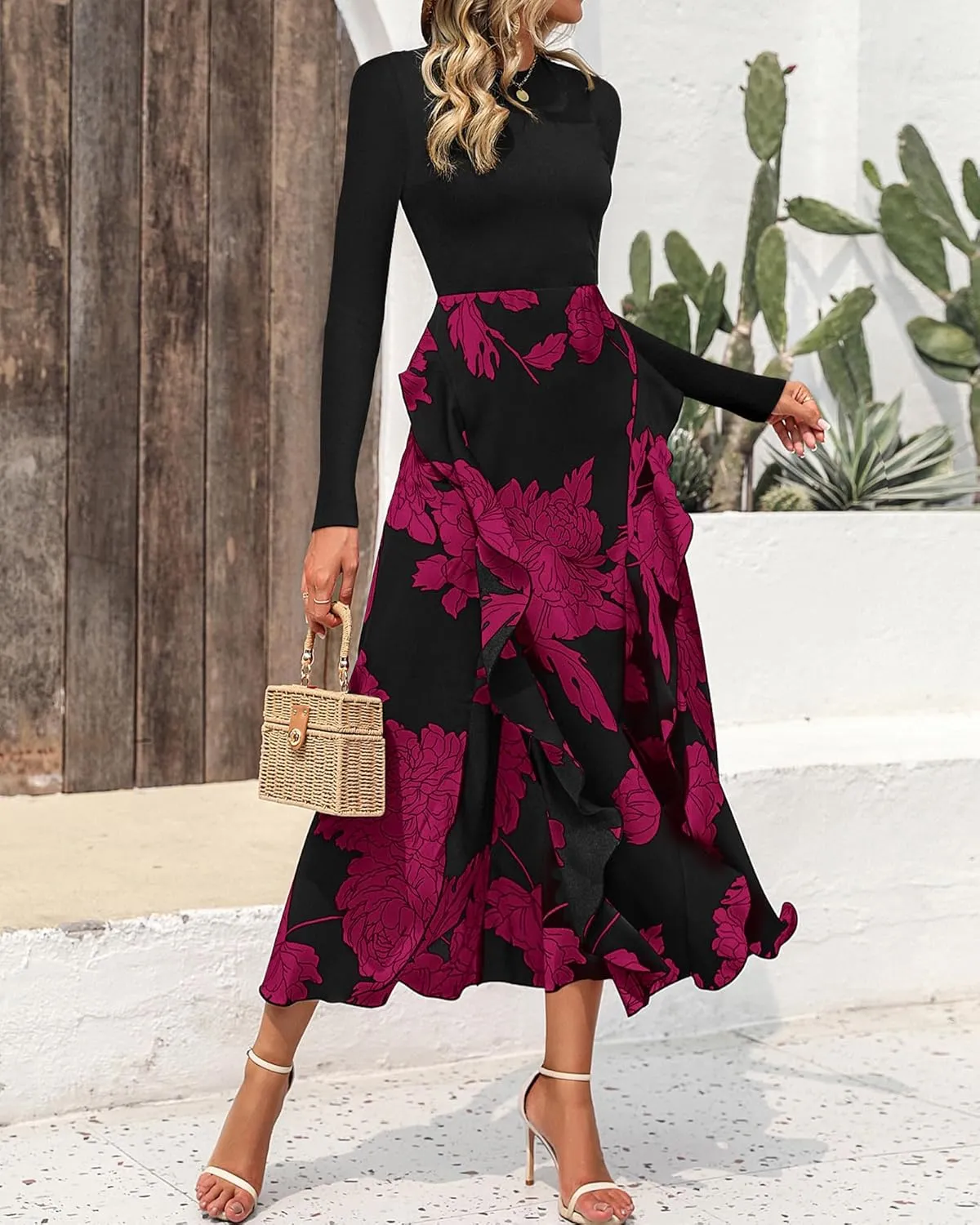BTFBM Womens Floral Maxi Dress Spring Summer Casual Crewneck Long Sleeve Ruffle Flowy Cocktail Wedding Guest Dresses