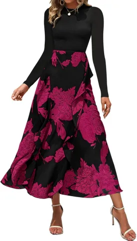 BTFBM Womens Floral Maxi Dress Spring Summer Casual Crewneck Long Sleeve Ruffle Flowy Cocktail Wedding Guest Dresses
