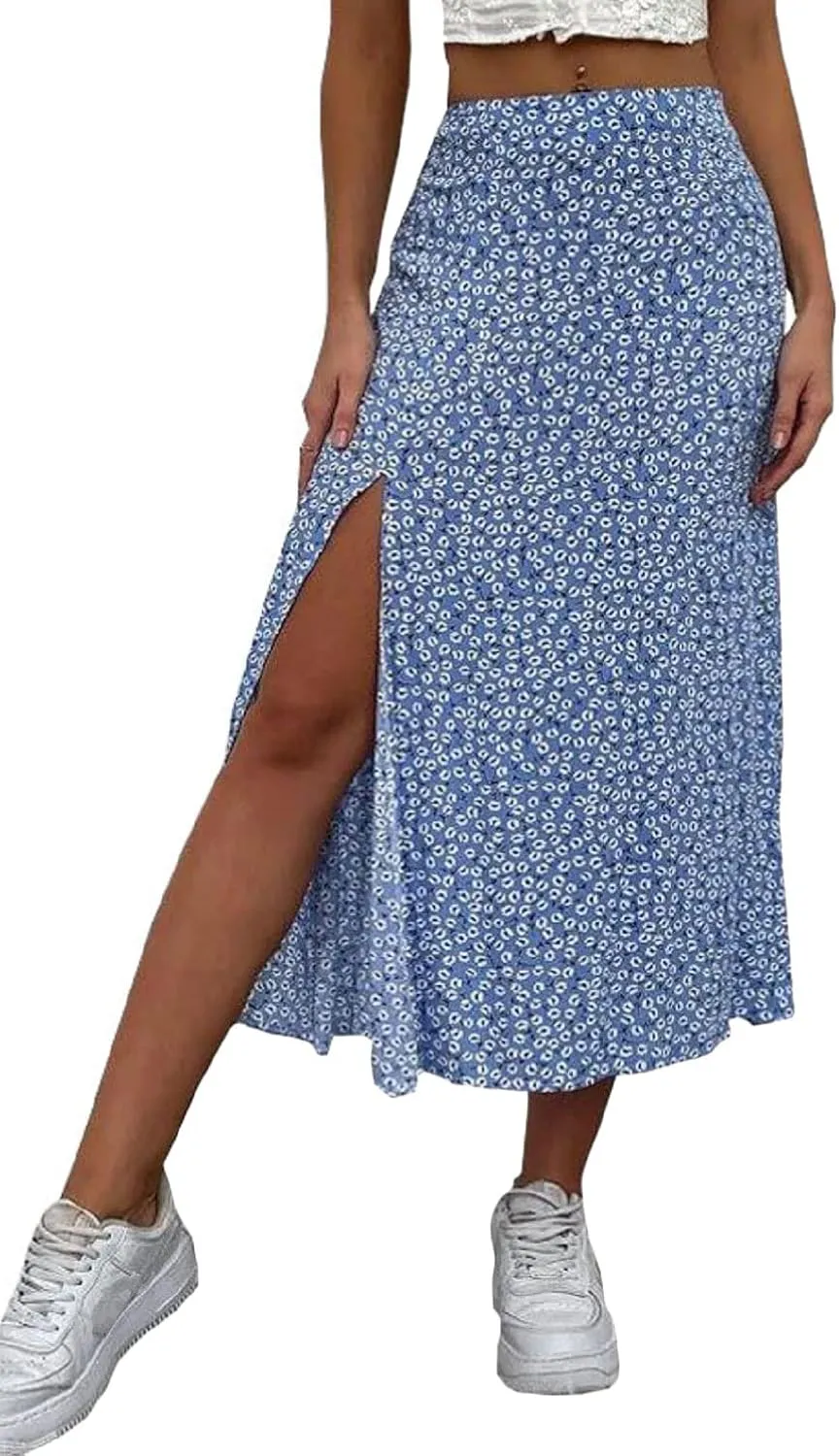 CHARTOU Women's Summer High Waist Floral Print Side Slit Midi Long Beach Boho Skirt