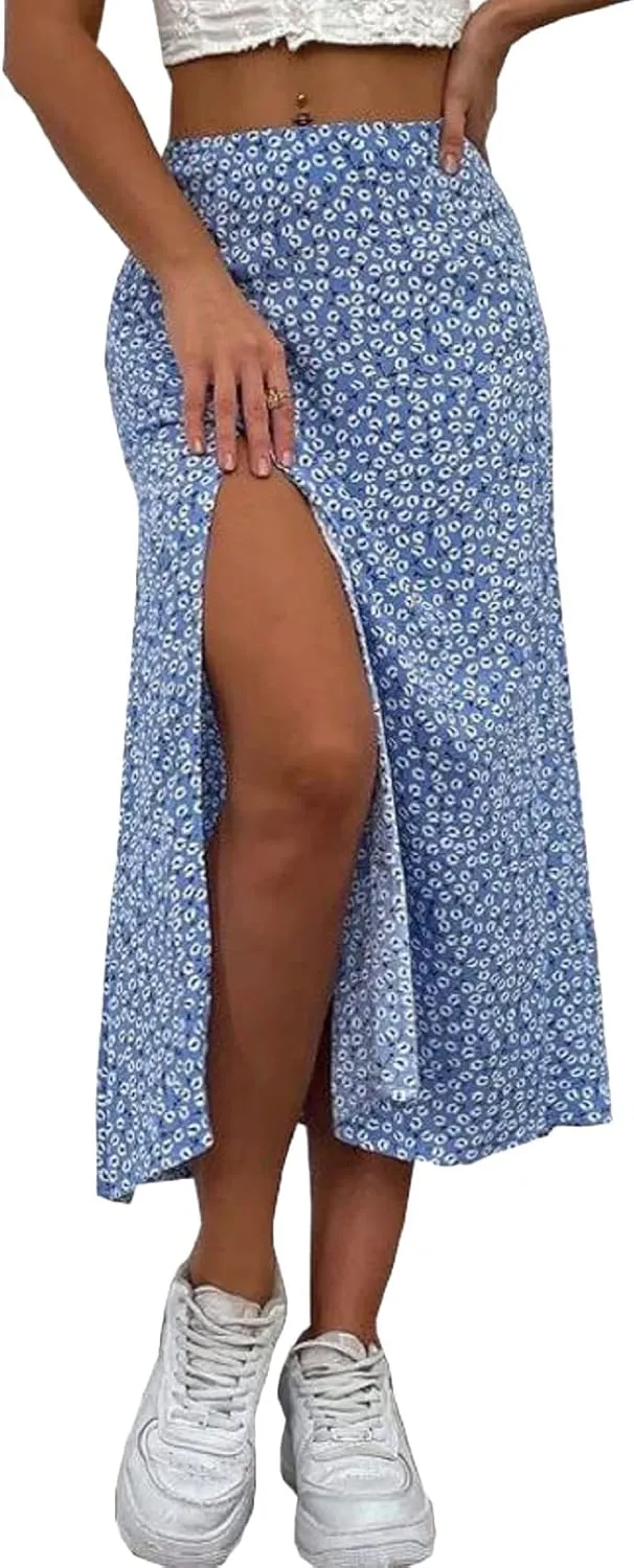 CHARTOU Women's Summer High Waist Floral Print Side Slit Midi Long Beach Boho Skirt
