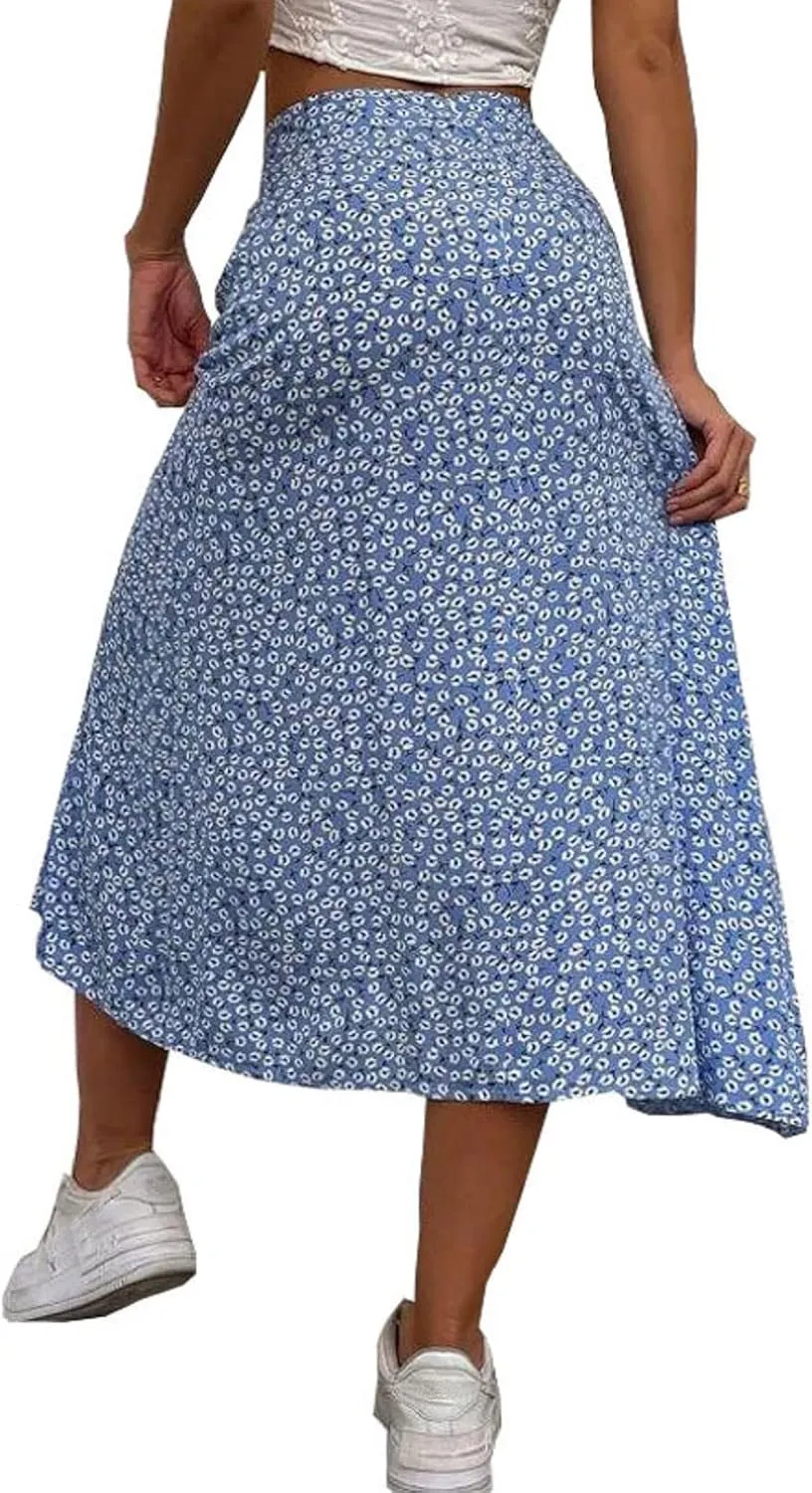 CHARTOU Women's Summer High Waist Floral Print Side Slit Midi Long Beach Boho Skirt