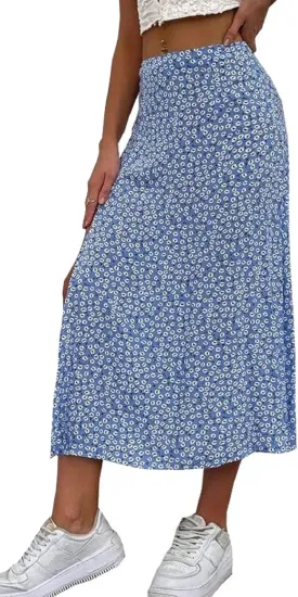 CHARTOU Women's Summer High Waist Floral Print Side Slit Midi Long Beach Boho Skirt