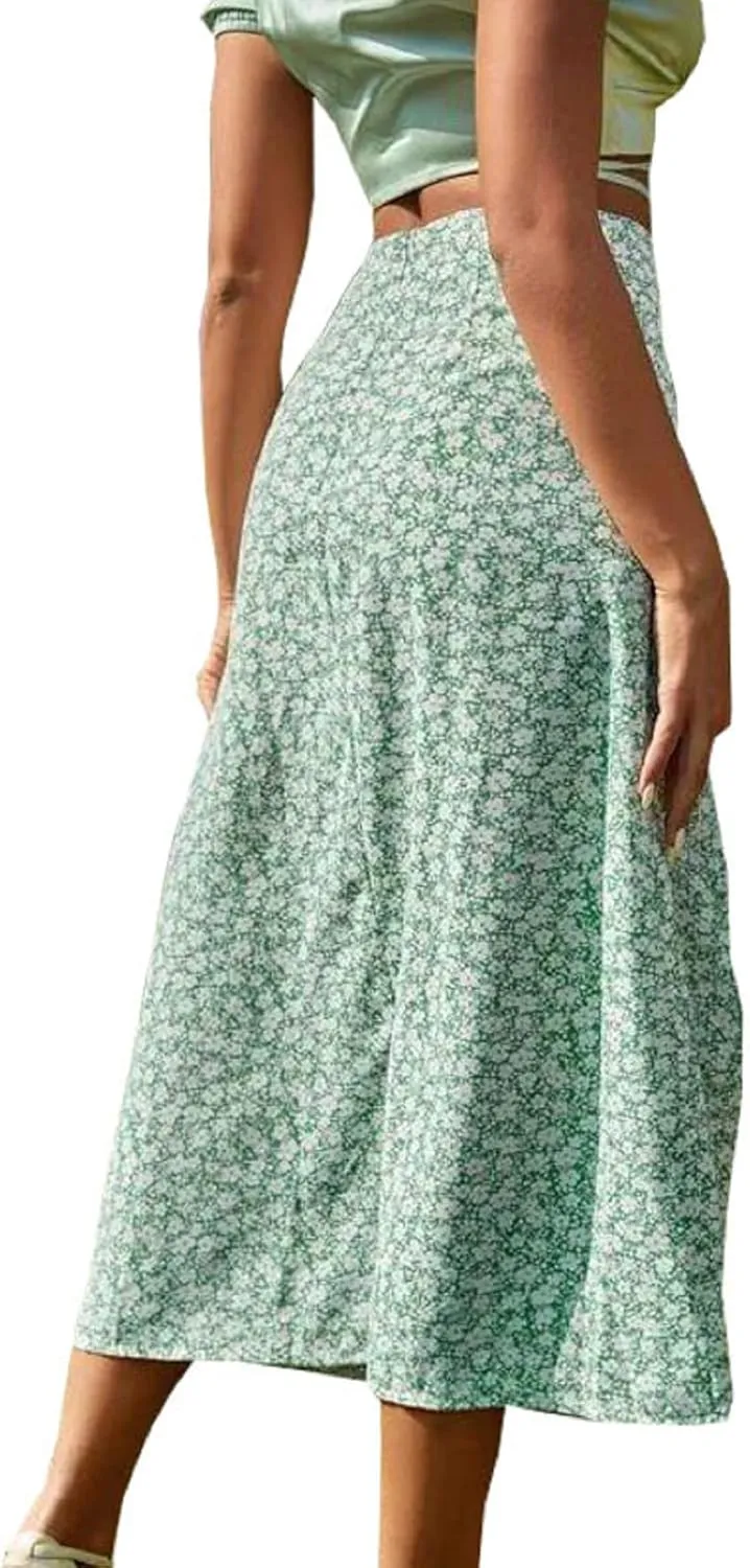 CHARTOU Women's Summer High Waist Floral Print Side Slit Midi Long Beach Boho Skirt