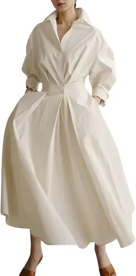 chouyatou Women's Spring Elegant Tunic Dress Long Sleeve Button Down Loose Maxi Dress Sundress