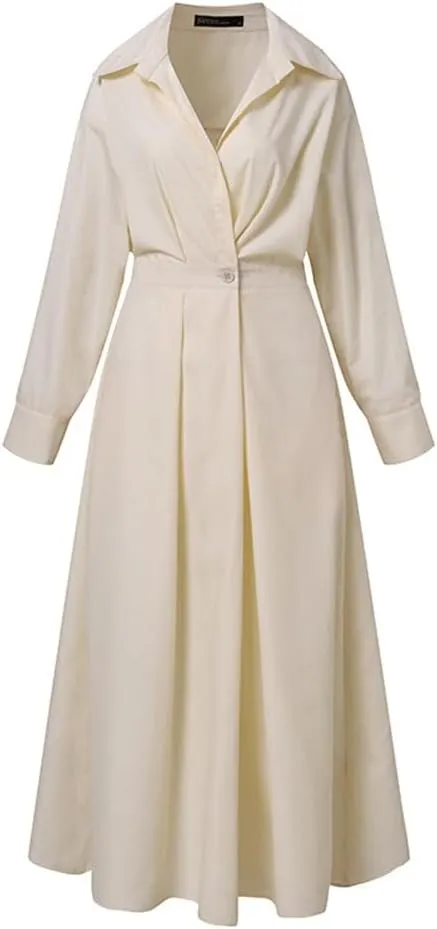 chouyatou Women's Spring Elegant Tunic Dress Long Sleeve Button Down Loose Maxi Dress Sundress