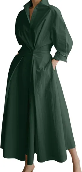 chouyatou Women's Spring Elegant Tunic Dress Long Sleeve Button Down Loose Maxi Dress Sundress