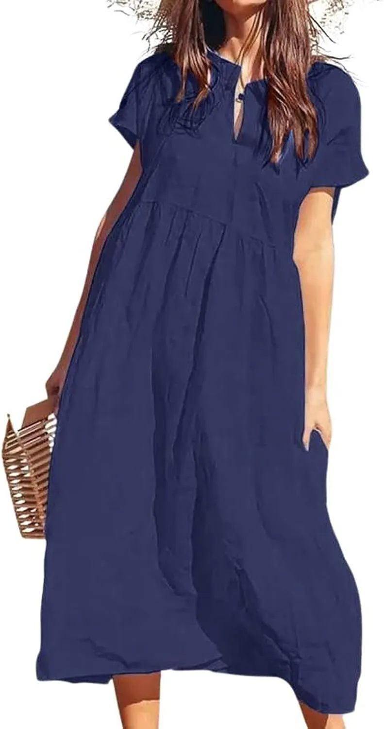 chouyatou Women's Summer Notch V-Neck Midi Long Linen Dress A-Line Loose Casual Tunic Beach Dress