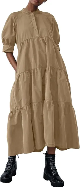 chouyatou Women's Summer Puff Sleeve Maxi Tiered Babydoll Dress Casual A-Line Swing Long Shirt Dress