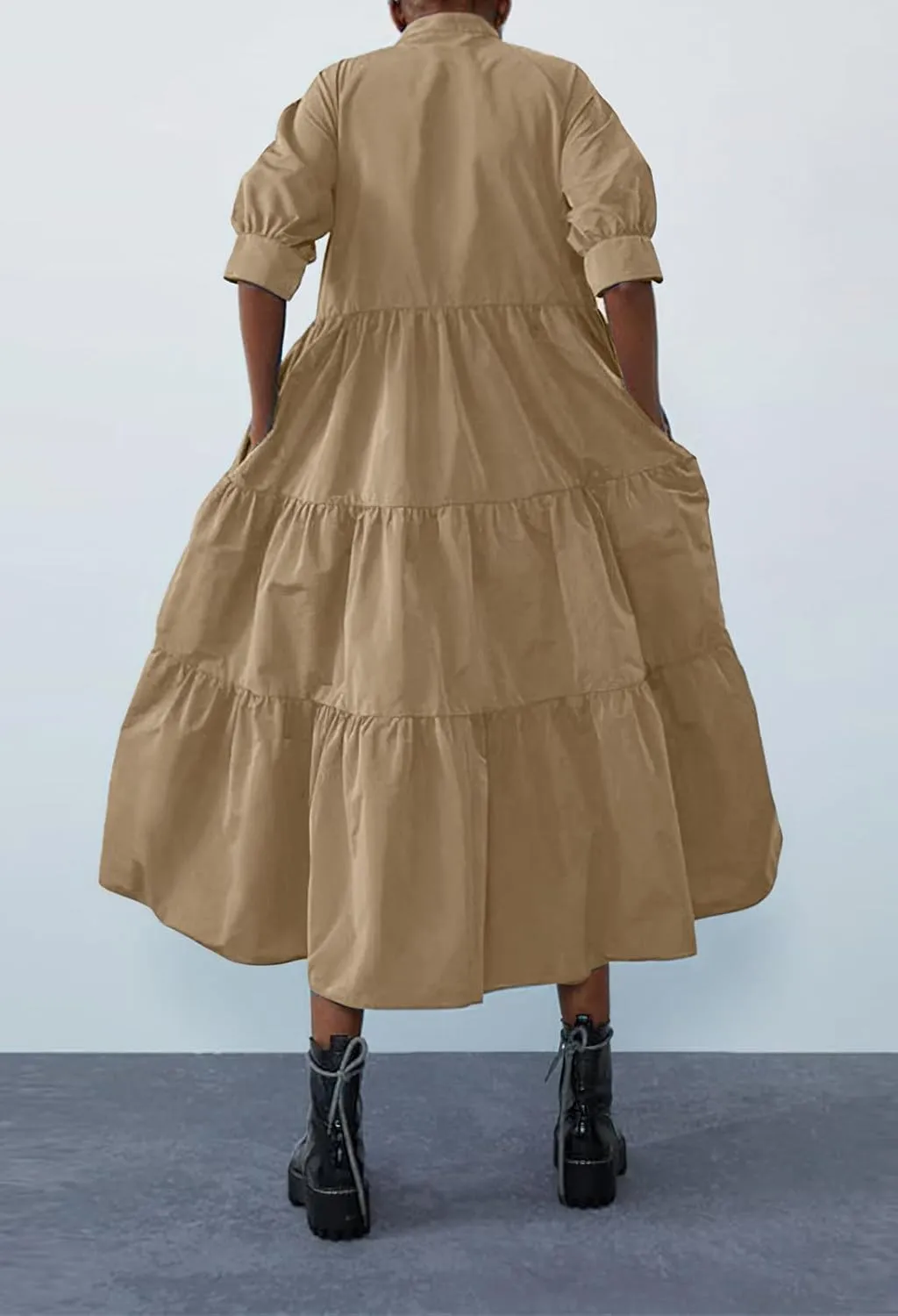 chouyatou Women's Summer Puff Sleeve Maxi Tiered Babydoll Dress Casual A-Line Swing Long Shirt Dress