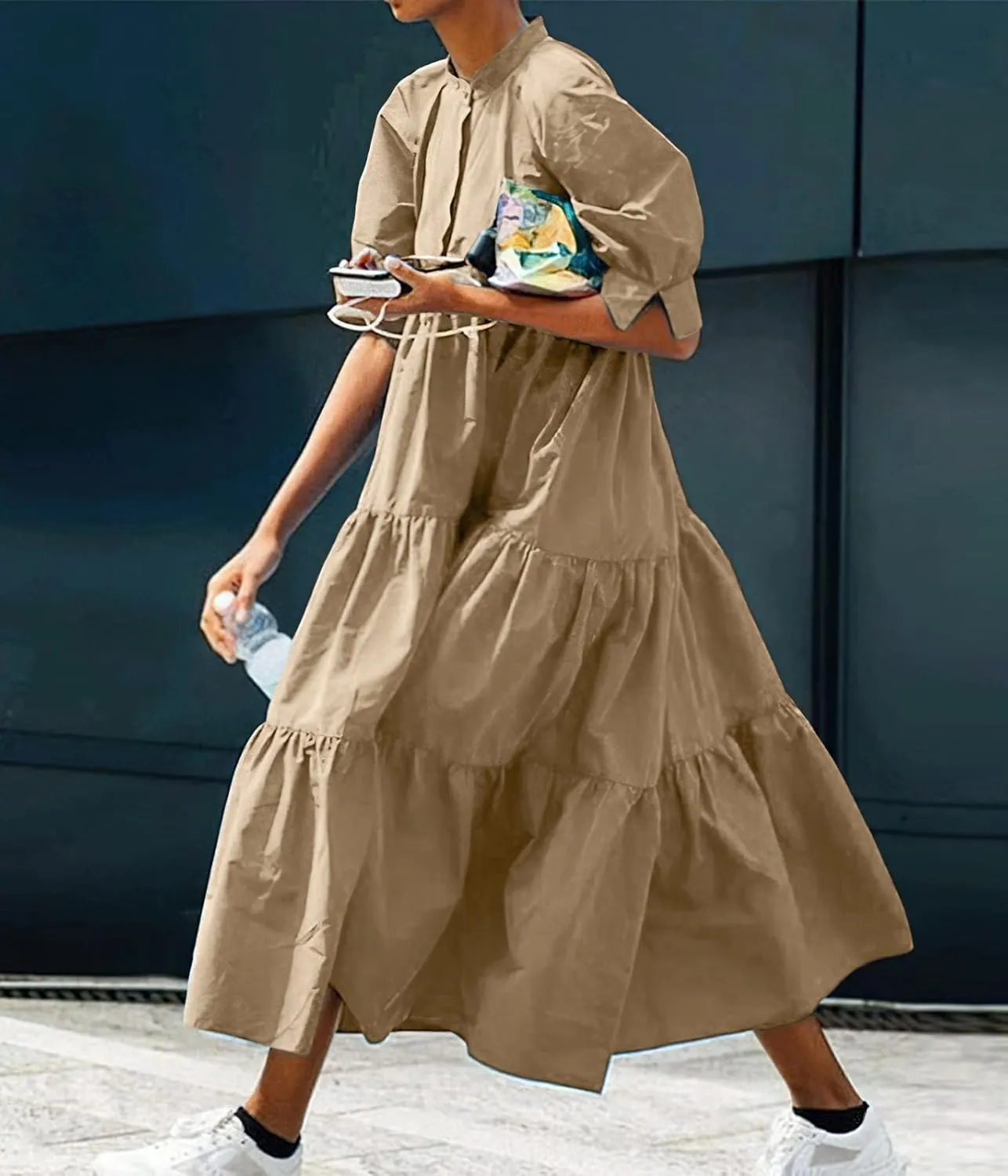 chouyatou Women's Summer Puff Sleeve Maxi Tiered Babydoll Dress Casual A-Line Swing Long Shirt Dress