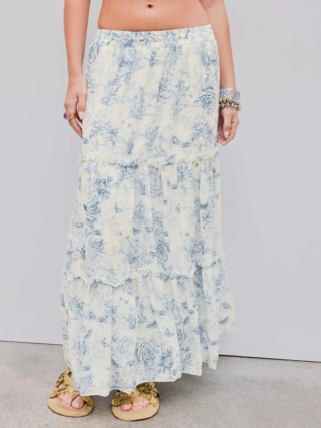 CIDER Santorini Beach Vacation Floral Tiered Ruffle Hem Maxi Skirt